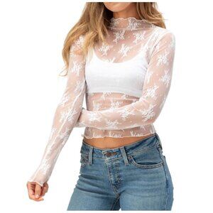 Sheer White Floral Embroidered Long Sleeve Mock Neck Top Womens S Polyester Blen